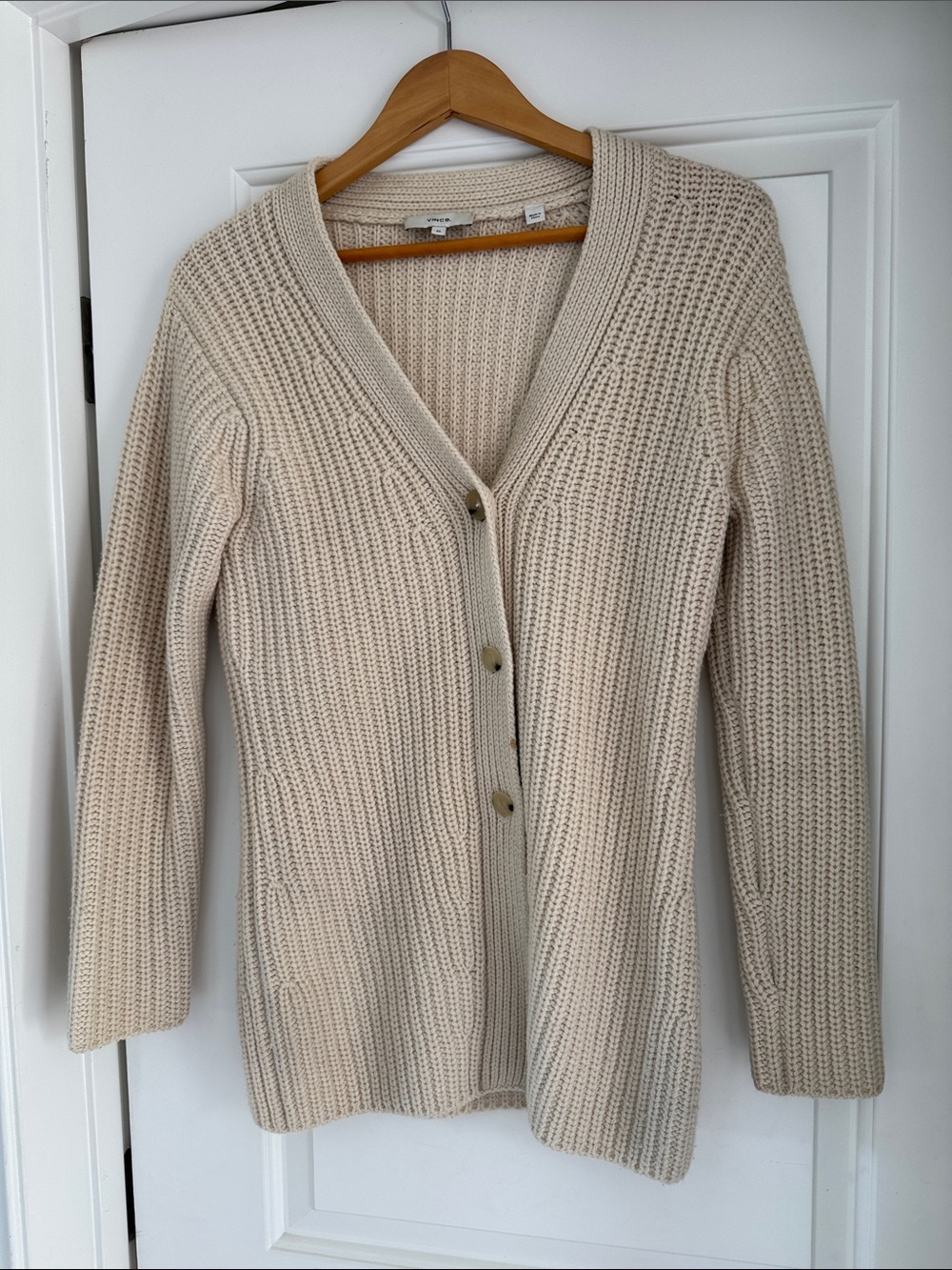 Vince Neutral Cream Ribbed V-Neck Button Cardigan